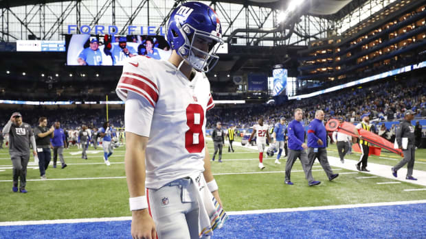 Oct 27, 2019; Detroit, MI, USA; New York Giants quarterback Daniel Jones (8) walks off the field following the loss against the Detroit Lions at Ford Field.